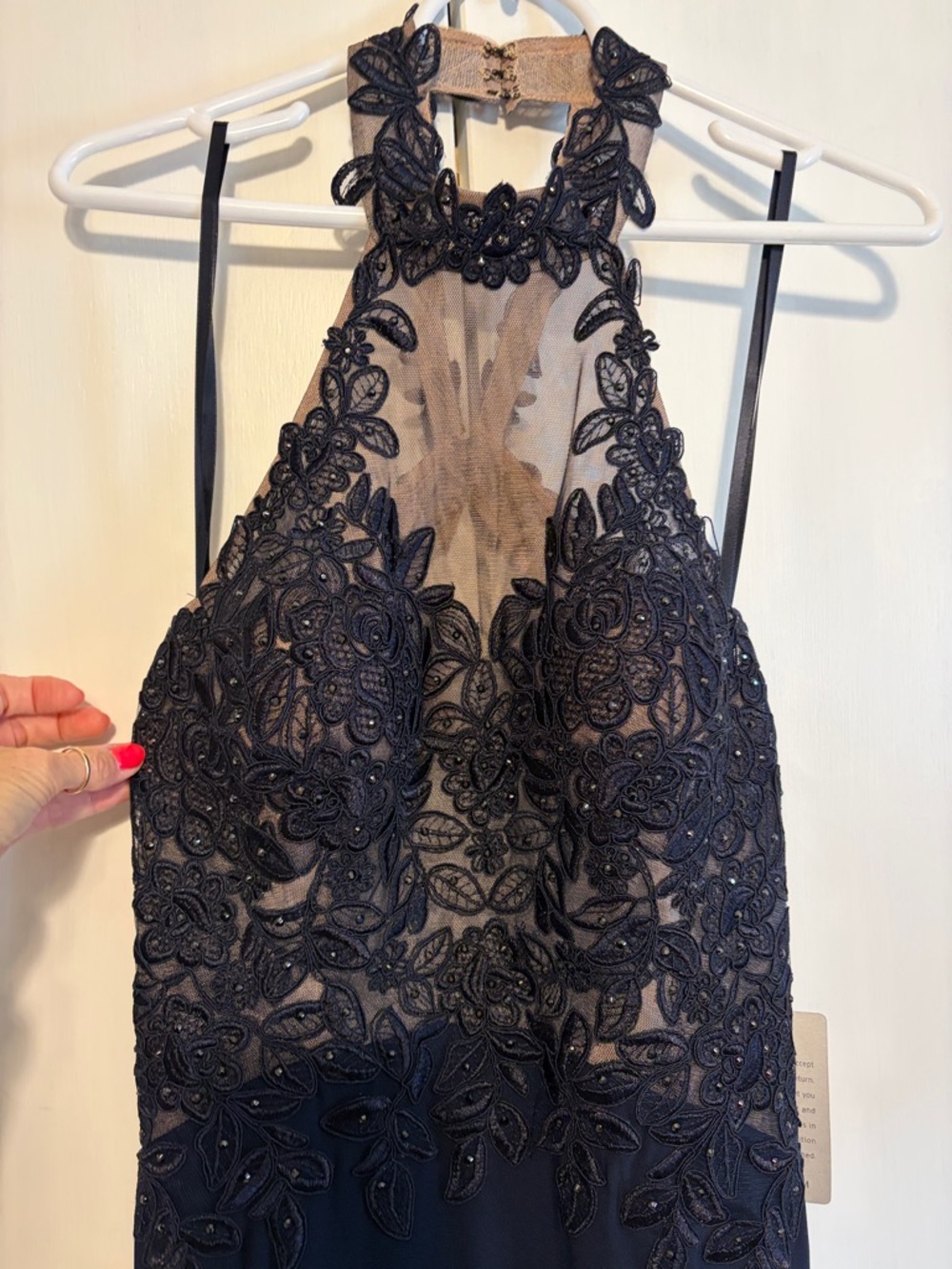 XSCAPE navy halter open back full length lace appliqué beaded prom evening gown - Picture 3 of 17